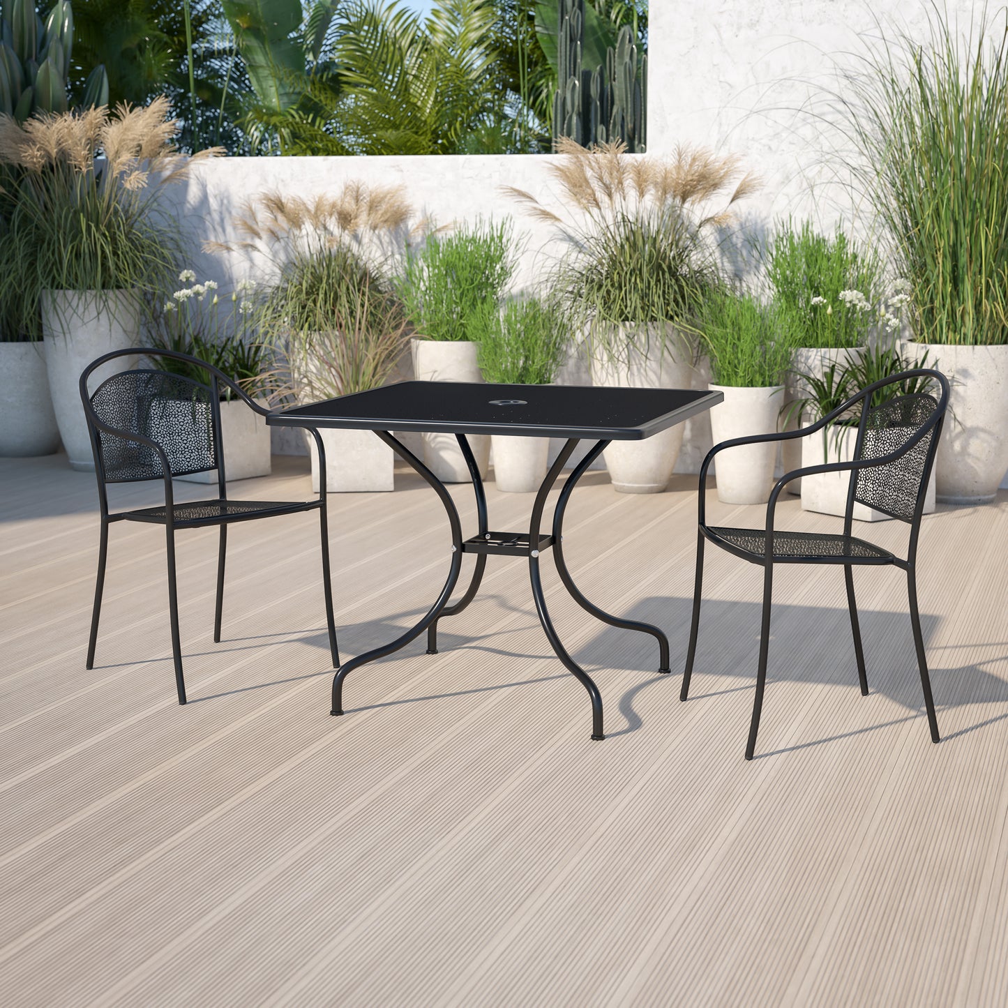 Oia Commercial Grade 35.5" Square Black Indoor-Outdoor Steel Patio Table with Umbrella Hole Black