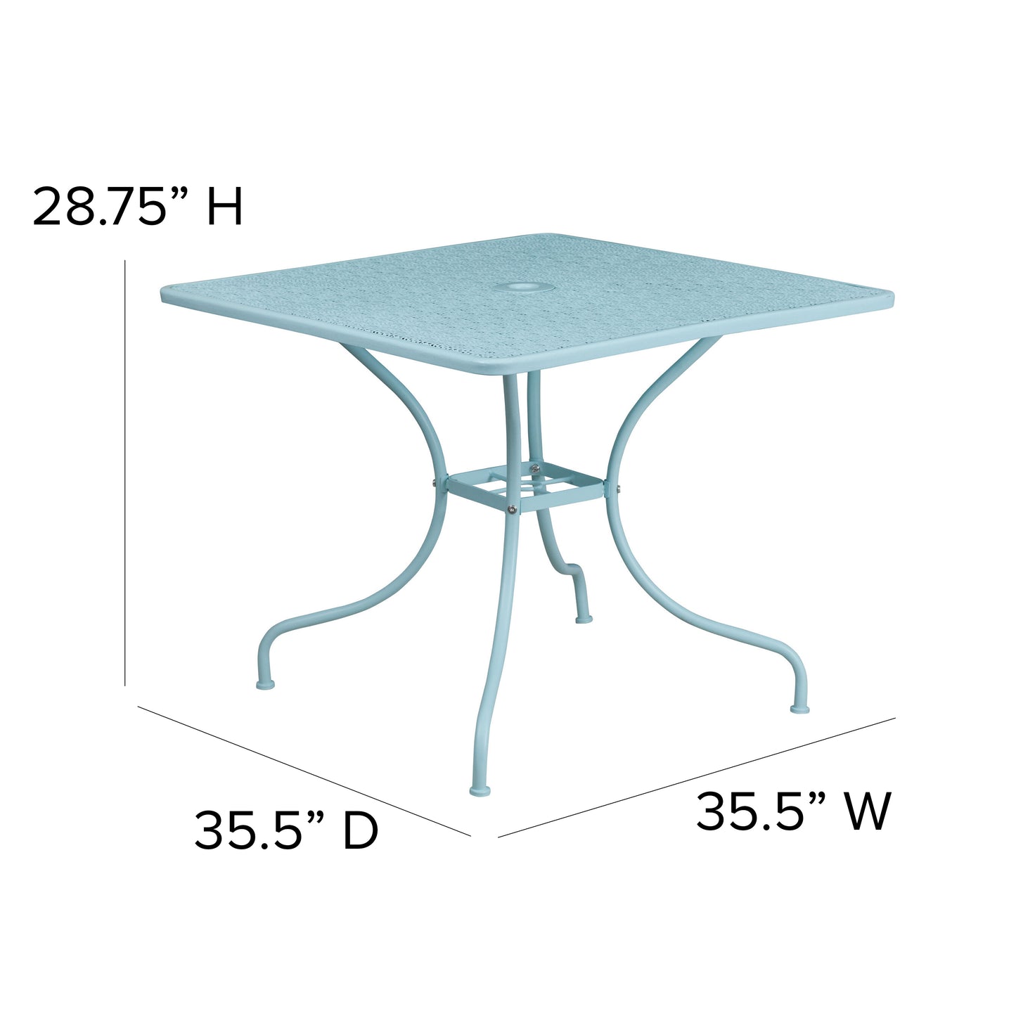 Oia Commercial Grade 35.5" Square Sky Blue Indoor-Outdoor Steel Patio Table with Umbrella Hole Sky Blue