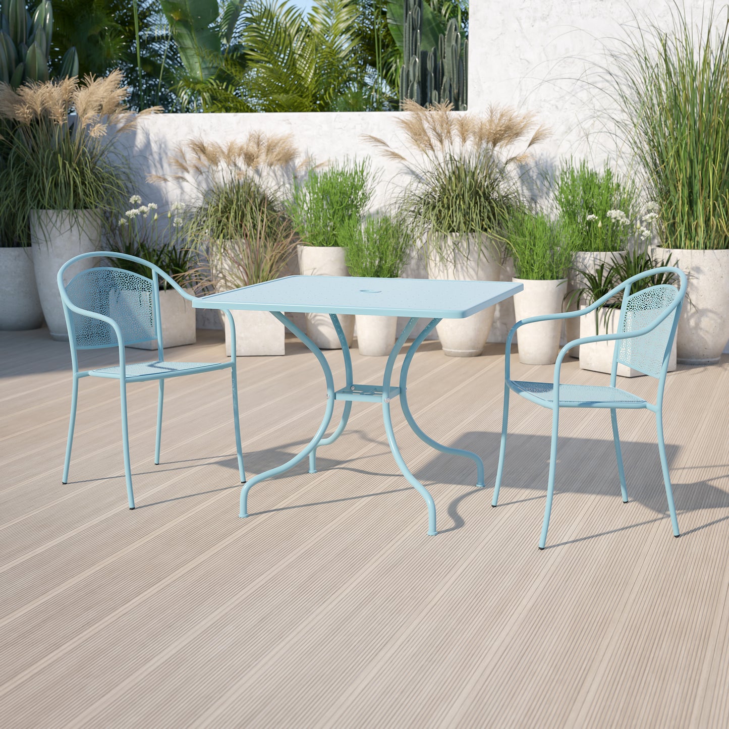 Oia Commercial Grade 35.5" Square Sky Blue Indoor-Outdoor Steel Patio Table with Umbrella Hole Sky Blue