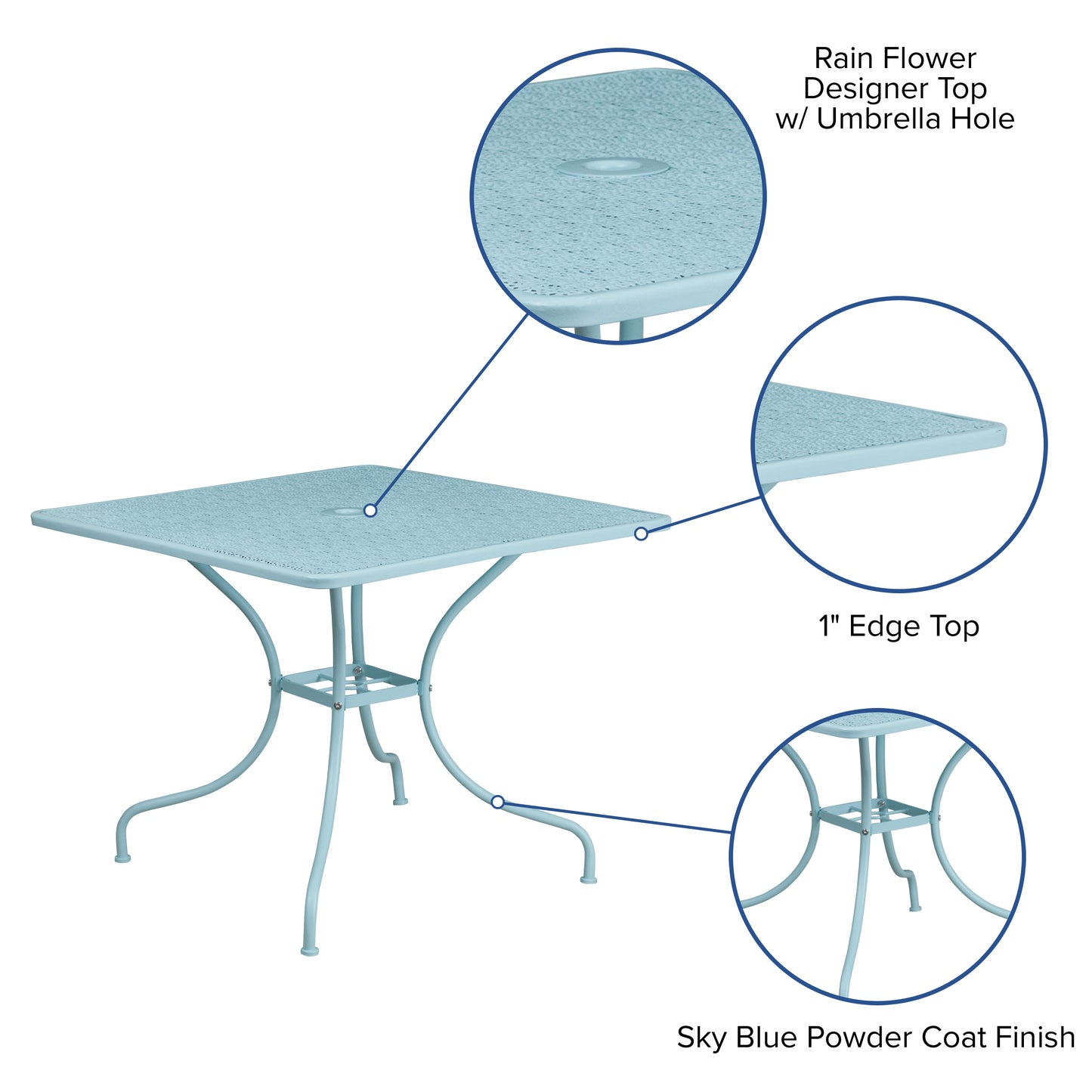 Oia Commercial Grade 35.5" Square Sky Blue Indoor-Outdoor Steel Patio Table with Umbrella Hole Sky Blue