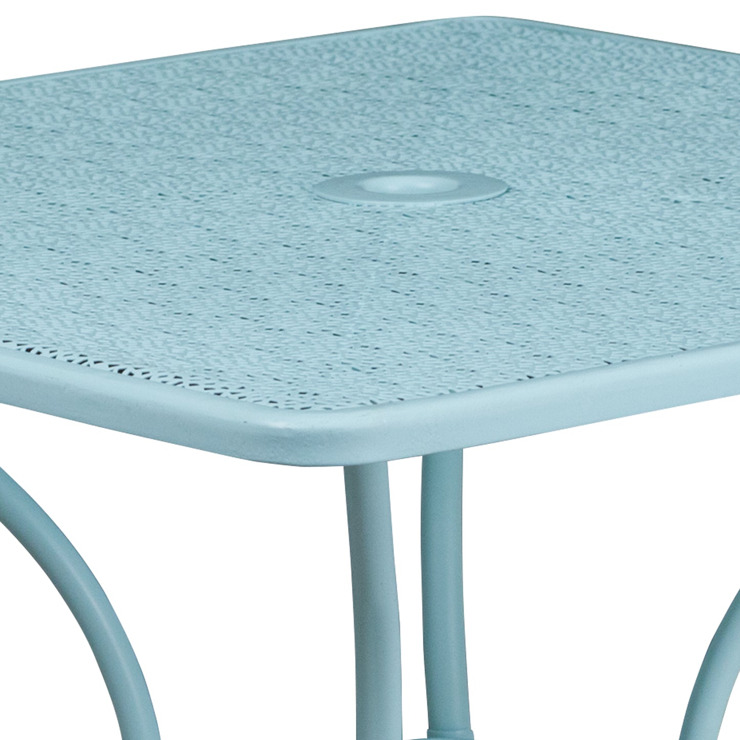 Oia Commercial Grade 35.5" Square Sky Blue Indoor-Outdoor Steel Patio Table with Umbrella Hole Sky Blue