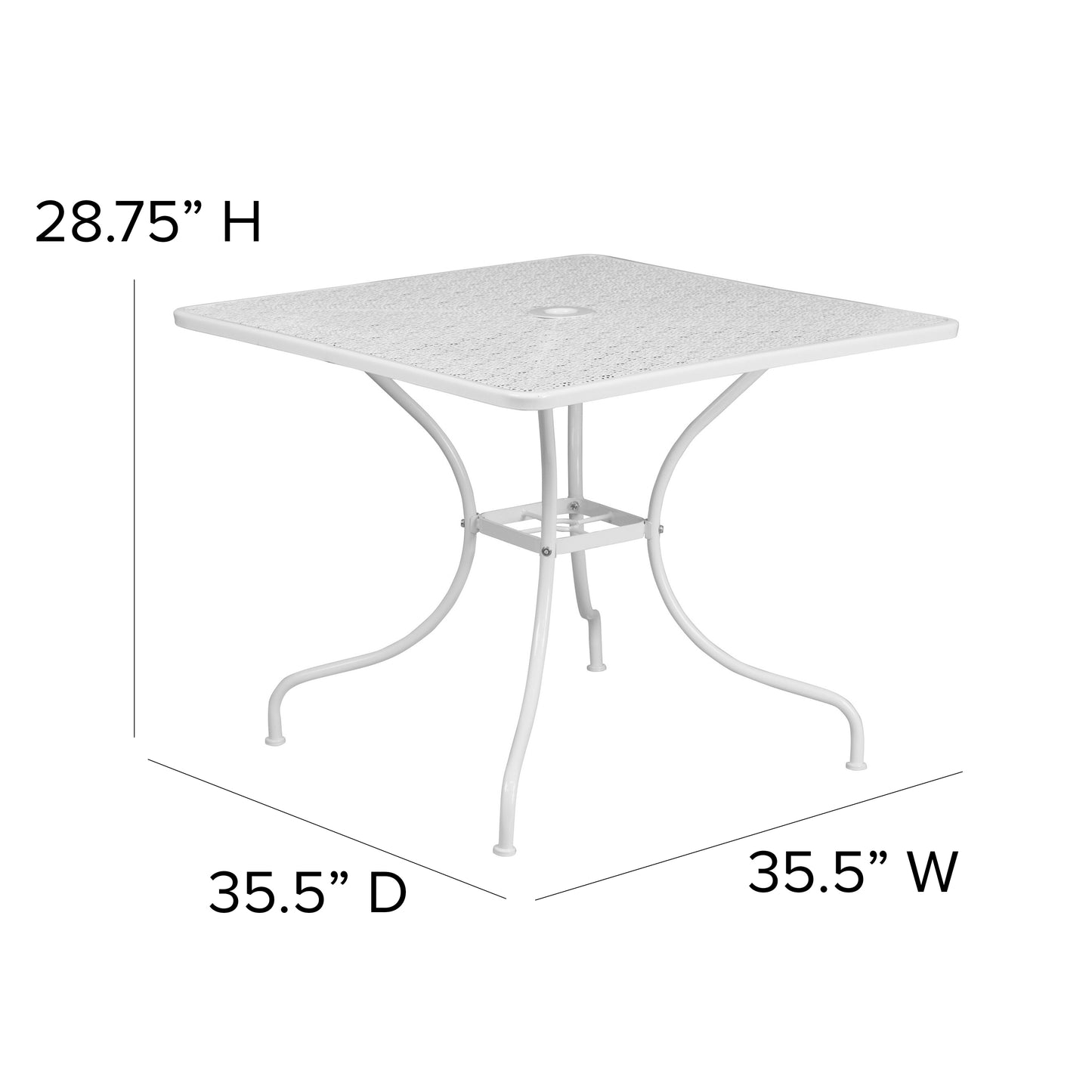 Oia Commercial Grade 35.5" Square White Indoor-Outdoor Steel Patio Table with Umbrella Hole White