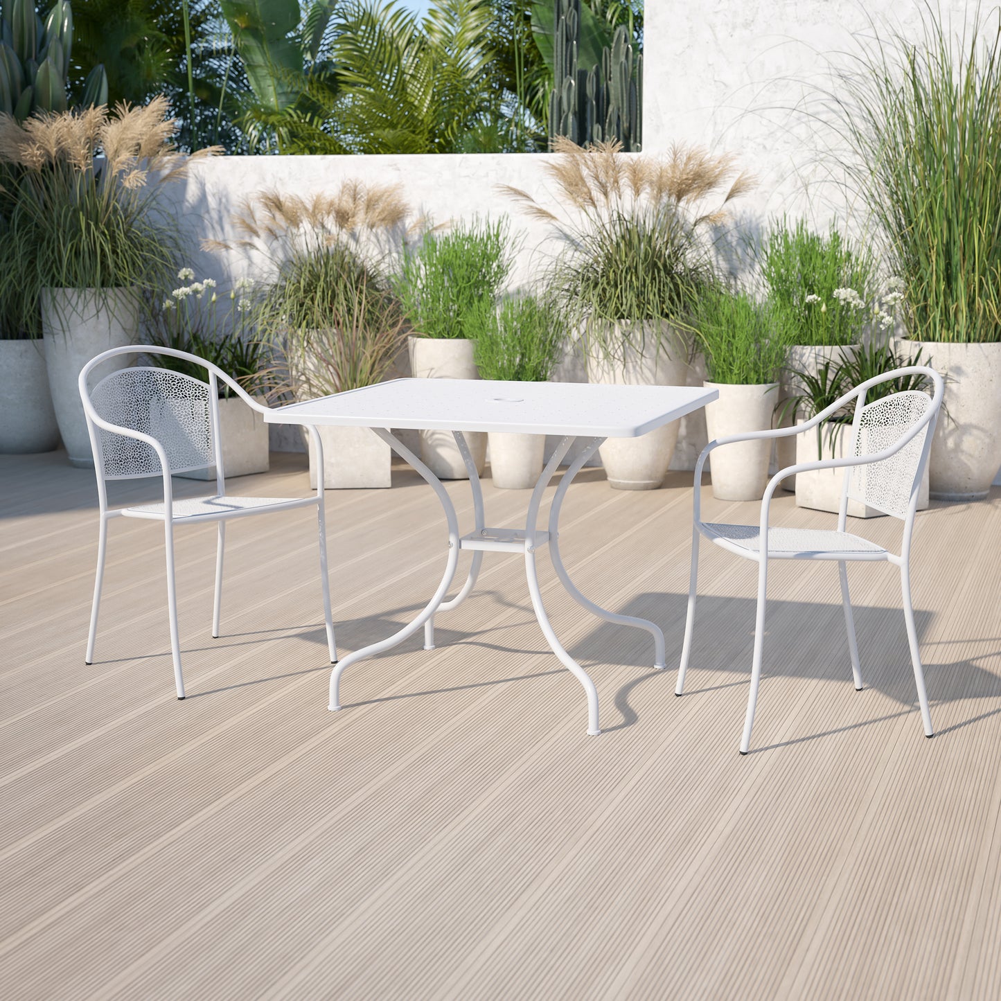 Oia Commercial Grade 35.5" Square White Indoor-Outdoor Steel Patio Table with Umbrella Hole White