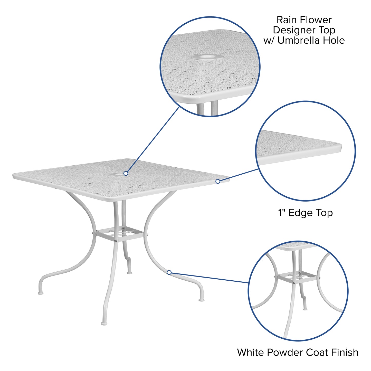 Oia Commercial Grade 35.5" Square White Indoor-Outdoor Steel Patio Table with Umbrella Hole White