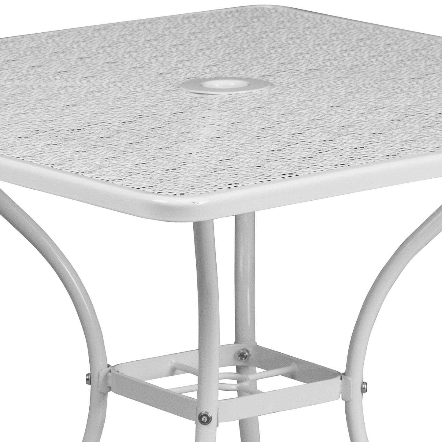 Oia Commercial Grade 35.5" Square White Indoor-Outdoor Steel Patio Table with Umbrella Hole White