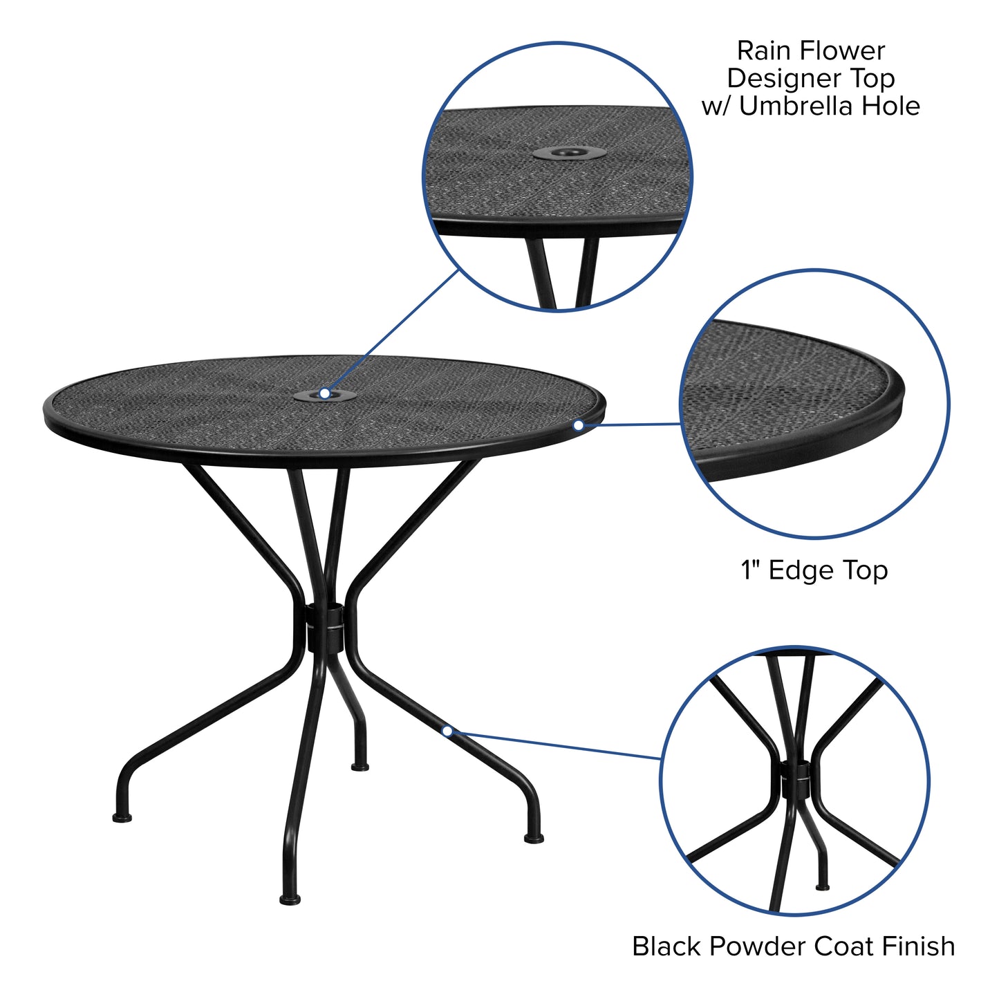 Oia Commercial Grade 35.25" Round Black Indoor-Outdoor Steel Patio Table with Umbrella Hole Black