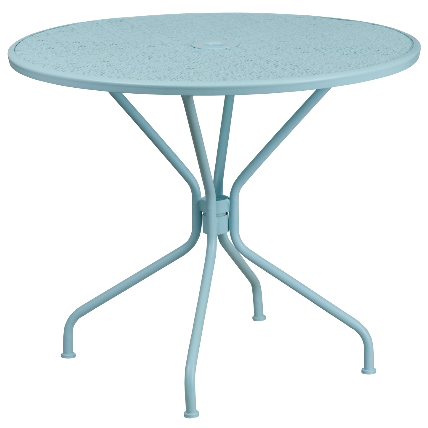 Oia Commercial Grade 35.25" Round Sky Blue Indoor-Outdoor Steel Patio Table with Umbrella Hole Sky Blue