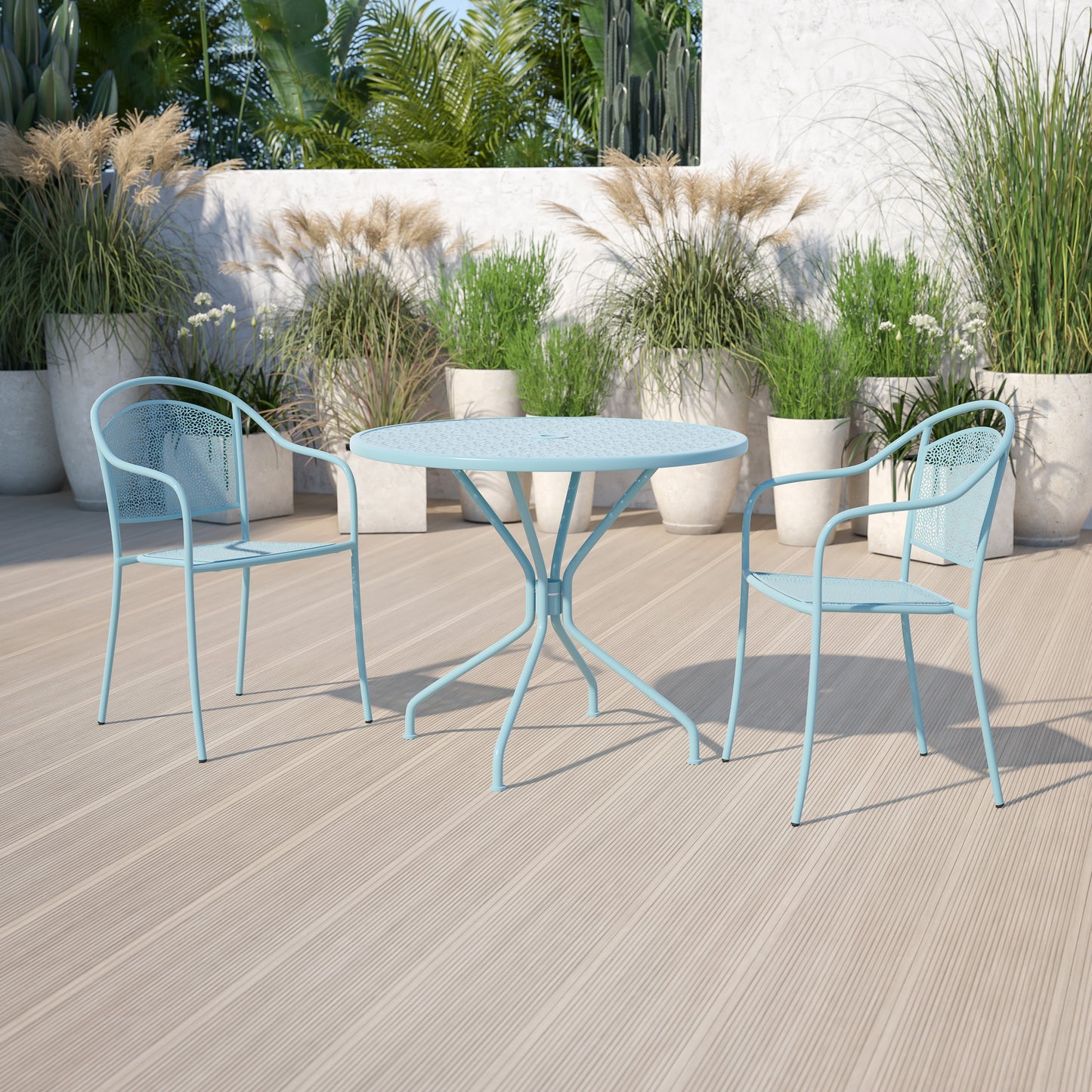 Oia Commercial Grade 35.25" Round Sky Blue Indoor-Outdoor Steel Patio Table with Umbrella Hole Sky Blue