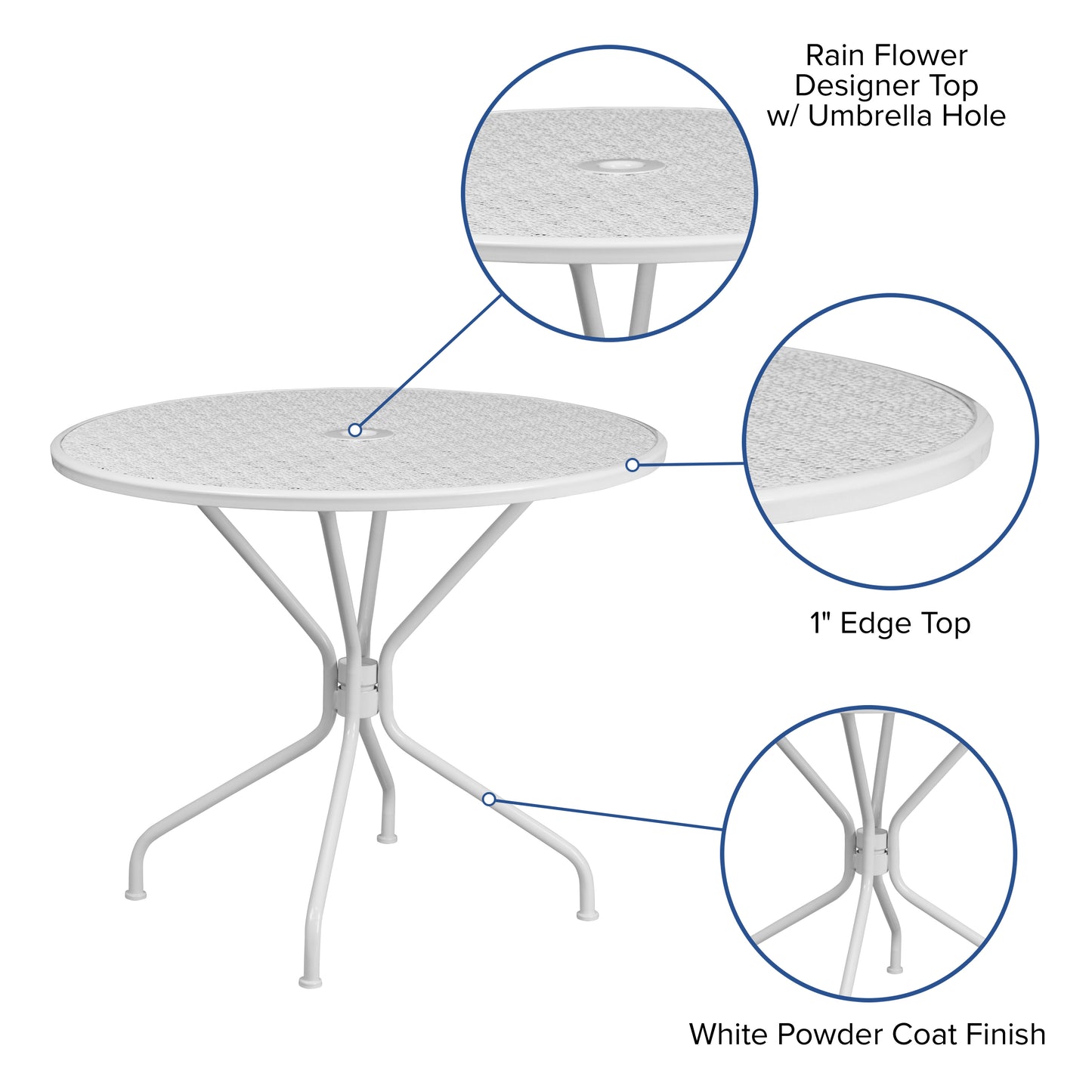 Oia Commercial Grade 35.25" Round White Indoor-Outdoor Steel Patio Table with Umbrella Hole White