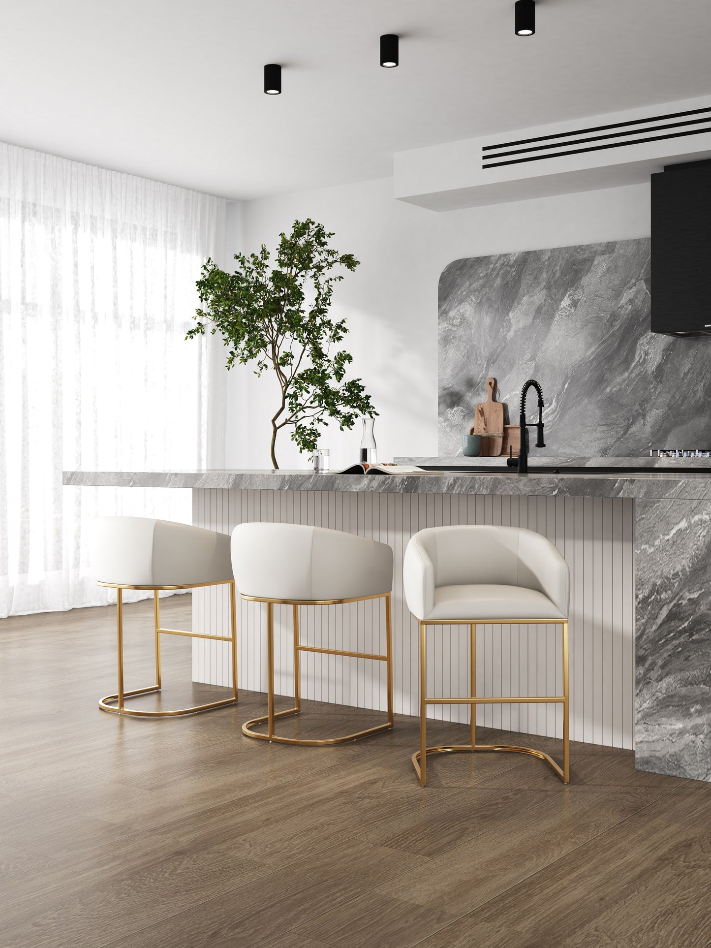 Manhattan Comfort Louvre 36 in. Cream and Titanium Gold Stainless Steel Counter Height Bar Stool CS009-CR