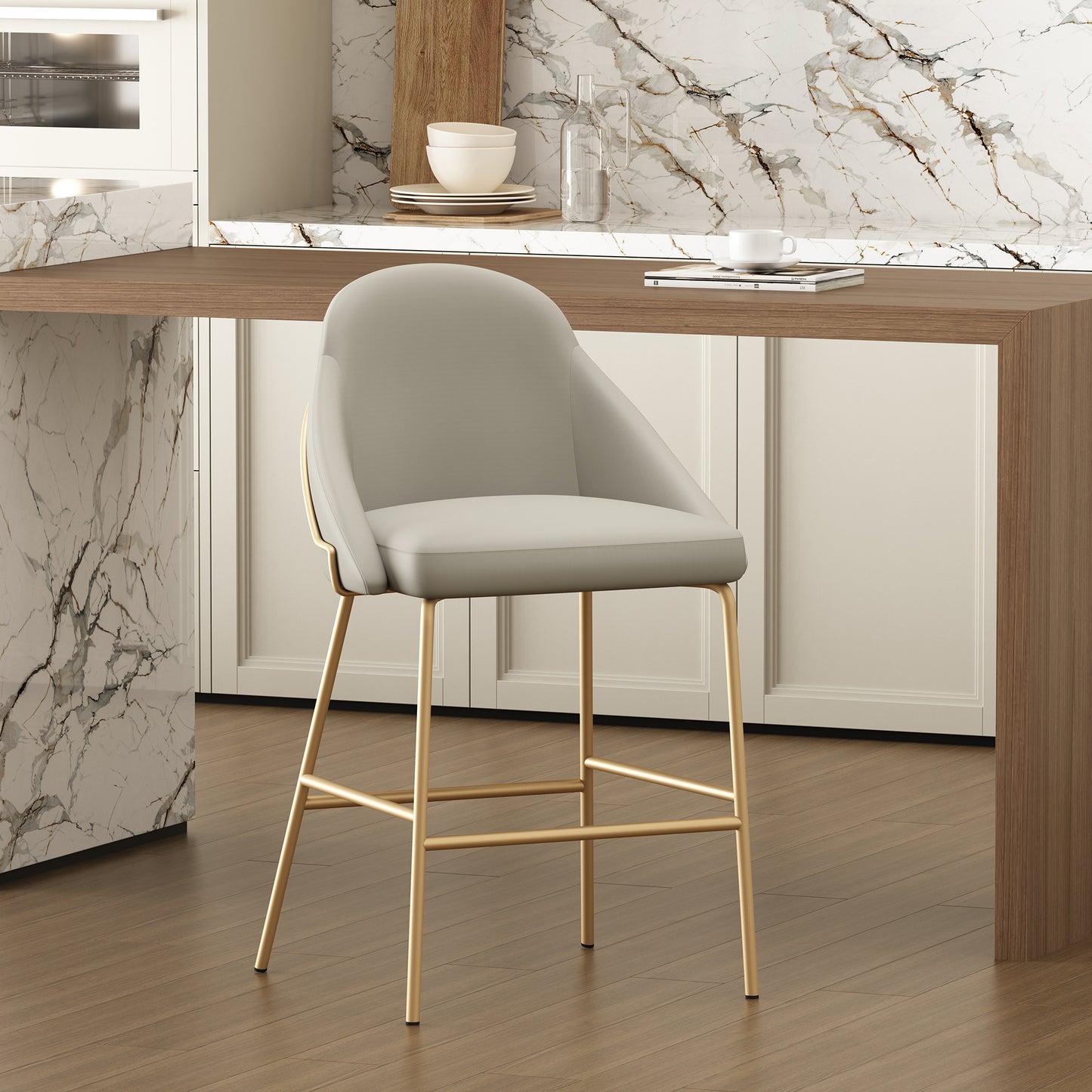 Gracie Modern Metal Upholstered Counter Stool in Stone Gray and Gold CS019-GST