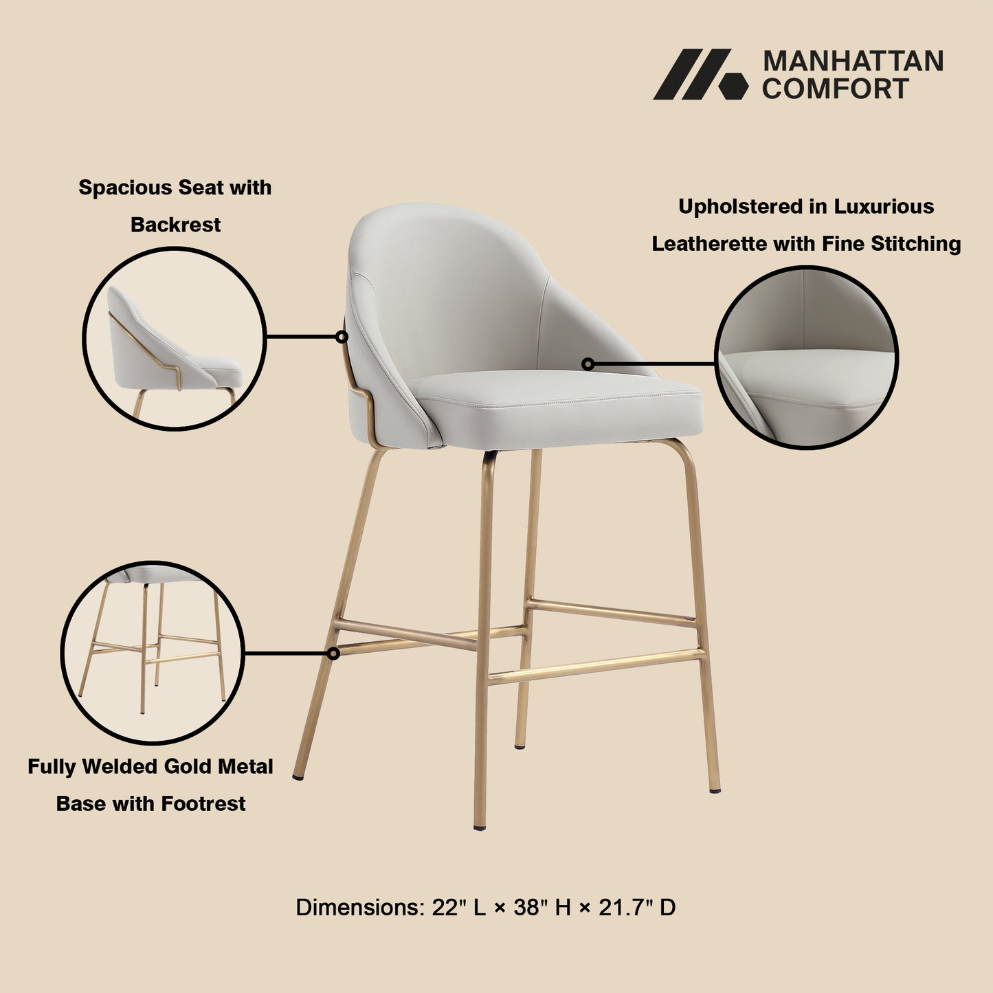Gracie Modern Metal Upholstered Counter Stool in Stone Gray and Gold CS019-GST