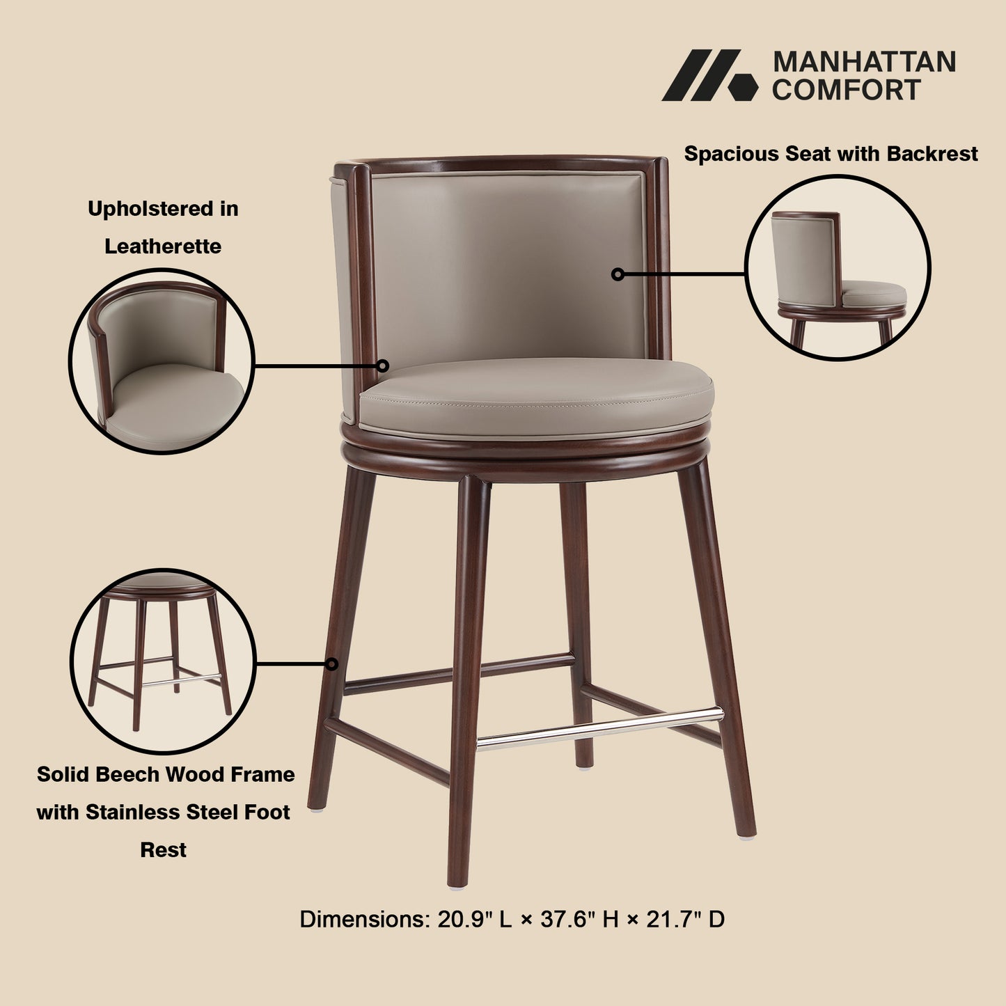 Evalyn Modern Wood Upholstered Counter Stool in Taupe CS021-TP