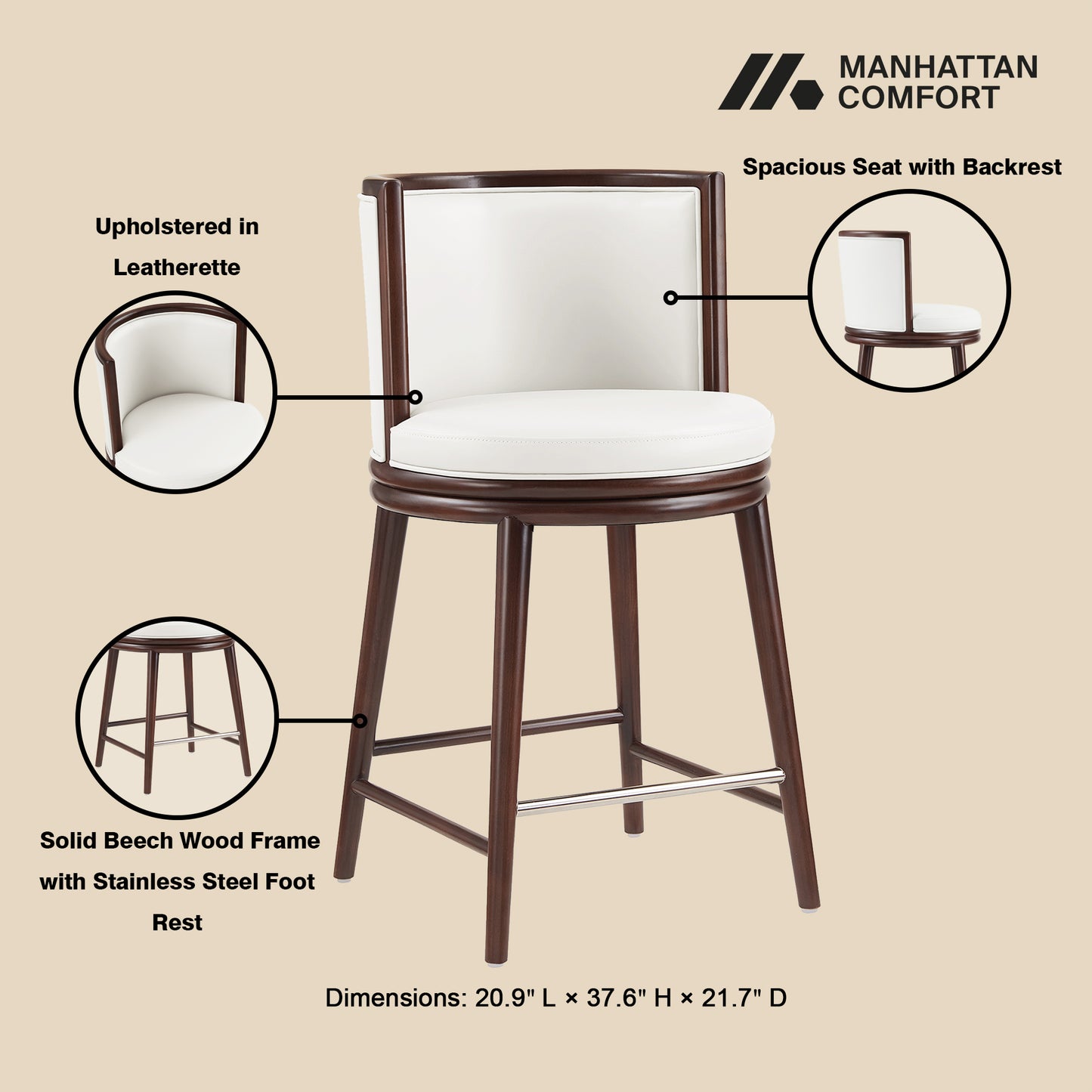 Evalyn Modern Wood Upholstered Counter Stool in White CS021-WH