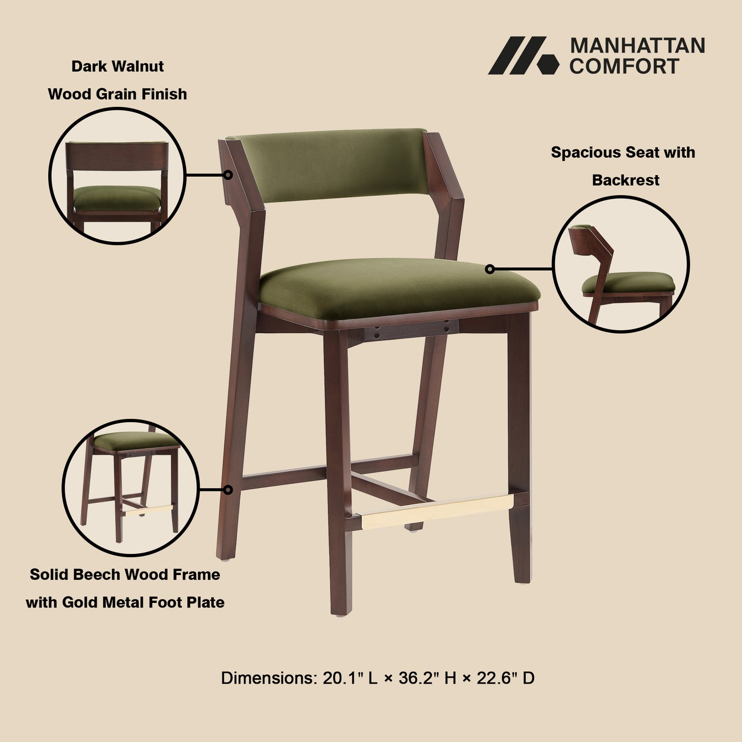 Patricia Modern Wood Upholstered Counter Stool in Turtle Green CS023-GR