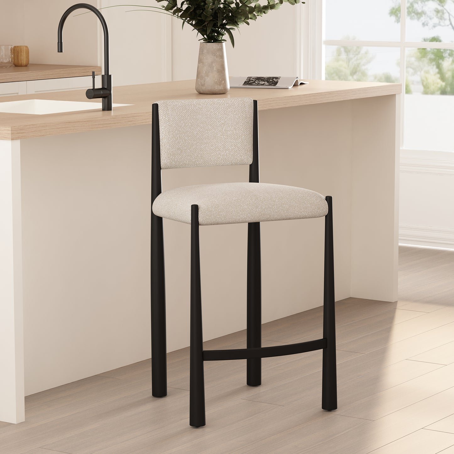 Lennor Mid-Century Modern Metal Boucle Counter Stool in Cream CS1529-2
