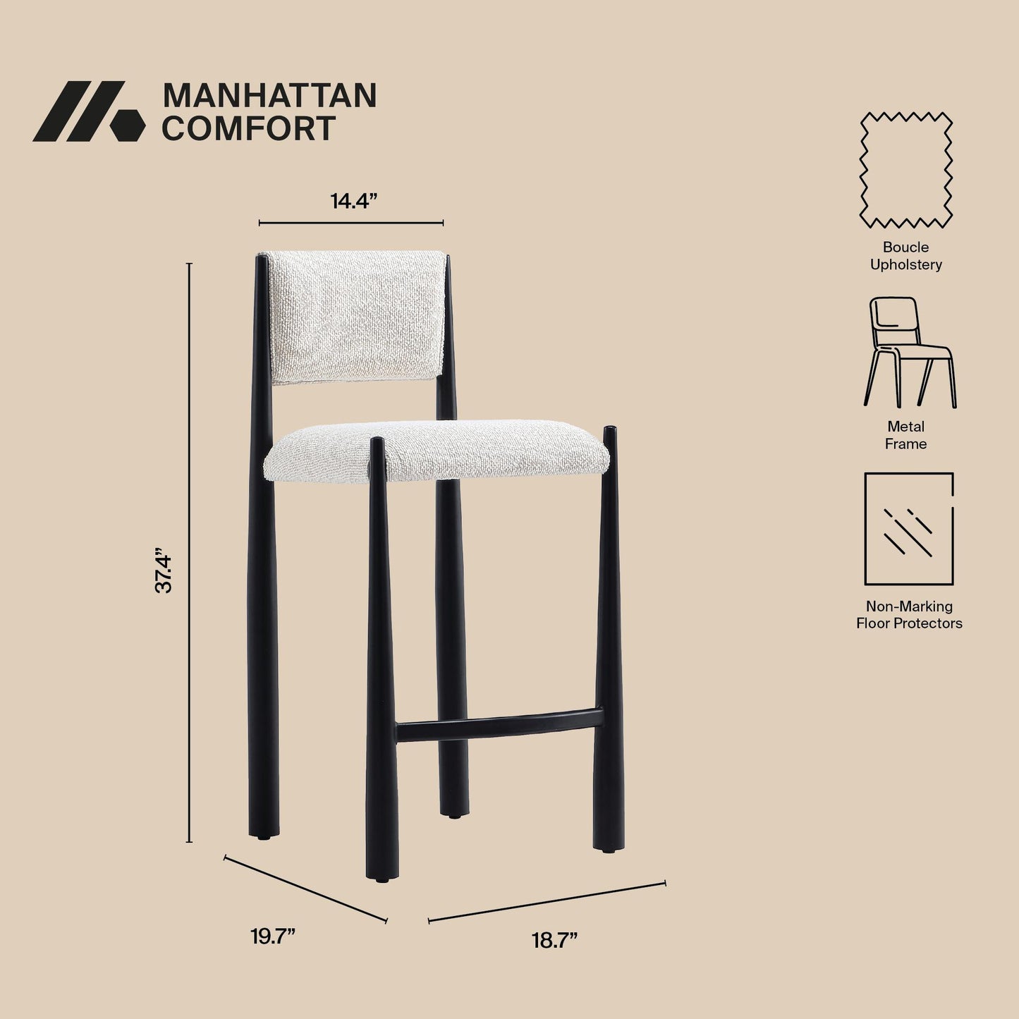 Lennor Mid-Century Modern Metal Boucle Counter Stool in Cream CS1529-2