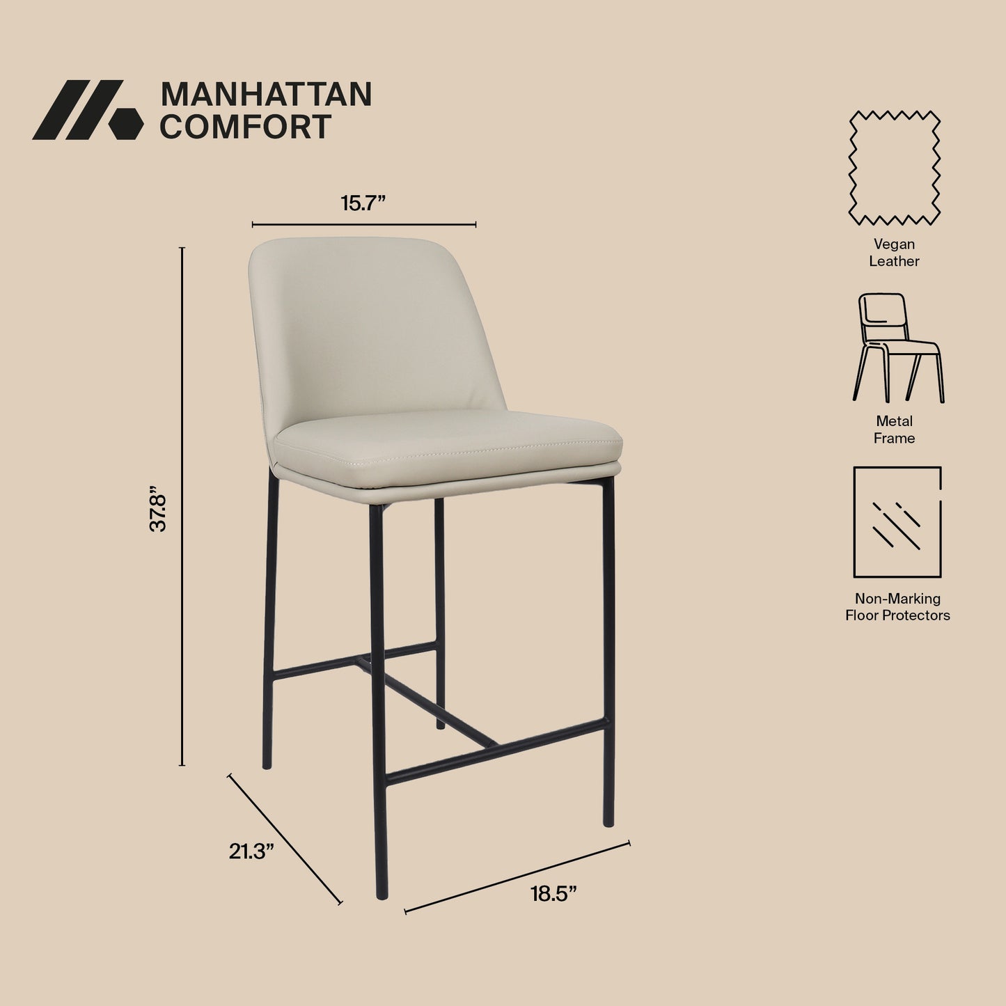 Loft Contemporary Metal Vegan Leather Counter Stool in Stone Gray - Set of 2 CS1534-1