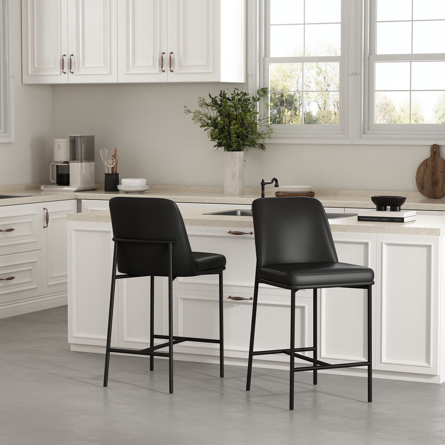 Loft Contemporary Metal Vegan Leather Counter Stool in Black - Set of 2 CS1534-2