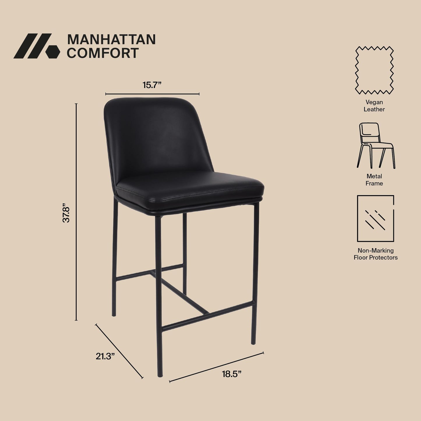 Loft Contemporary Metal Vegan Leather Counter Stool in Black - Set of 2 CS1534-2