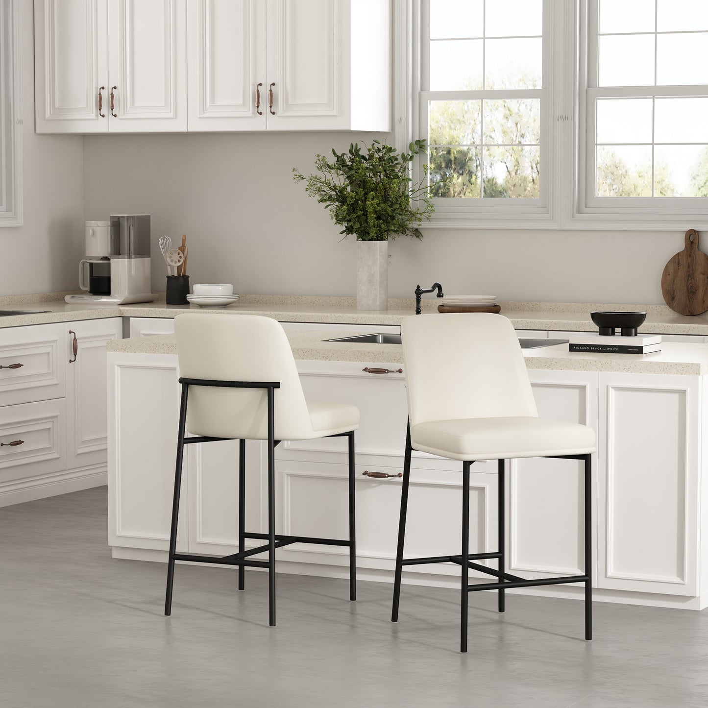 Loft Contemporary Metal Vegan Leather Counter Stool in Ivory - Set of 2 CS1534-3