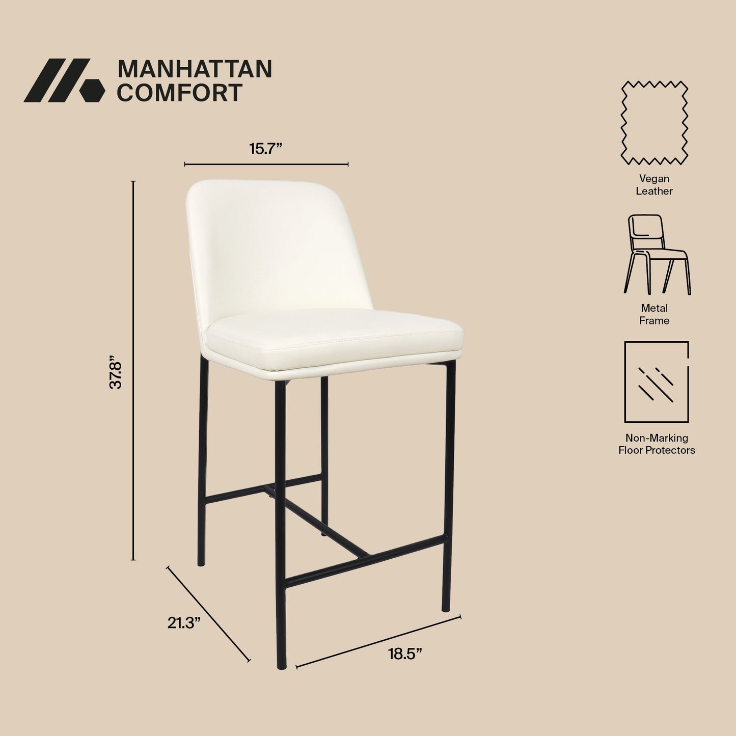 Loft Contemporary Metal Vegan Leather Counter Stool in Ivory - Set of 2 CS1534-3