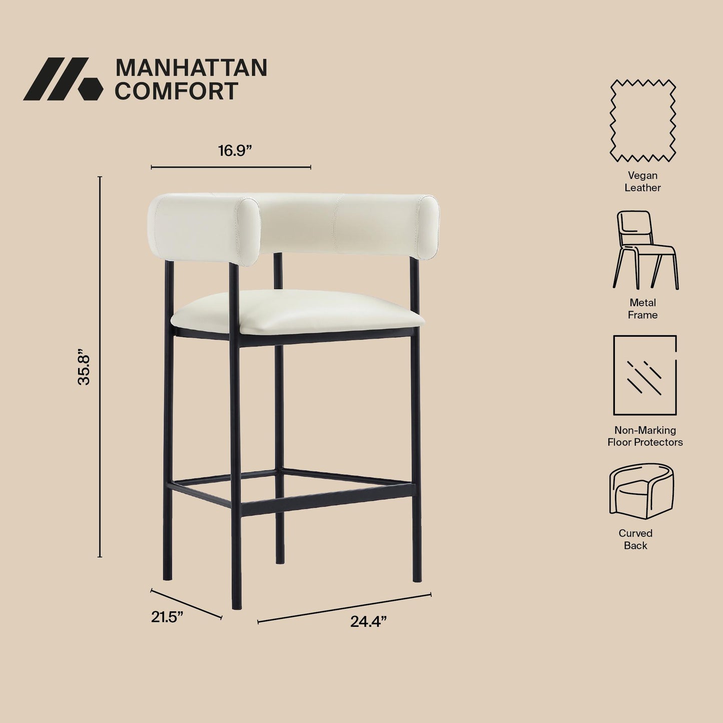 Onda Contemporary Metal Vegan Leather Counter Stool in Ivory CS1637-1