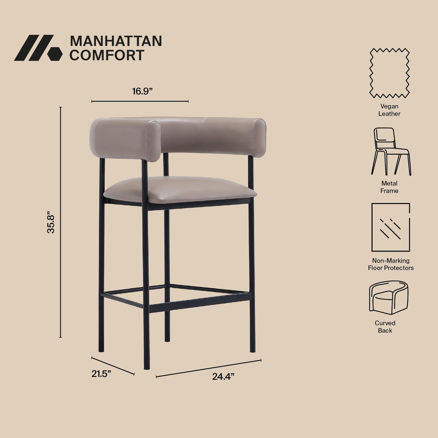 Onda Contemporary Metal Vegan Leather Counter Stool in Taupe CS1637-2