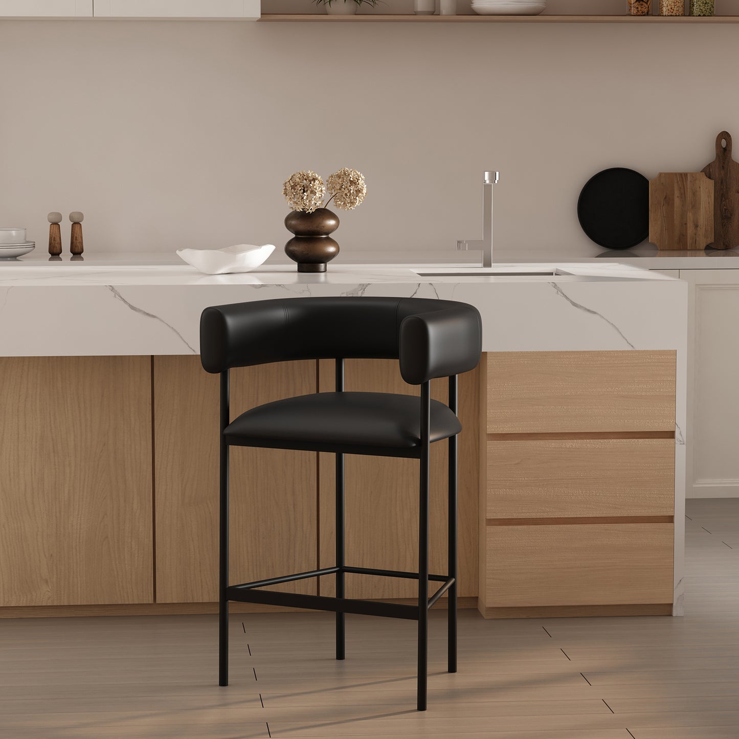 Onda Contemporary Metal Vegan Leather Counter Stool in Black CS1637-3