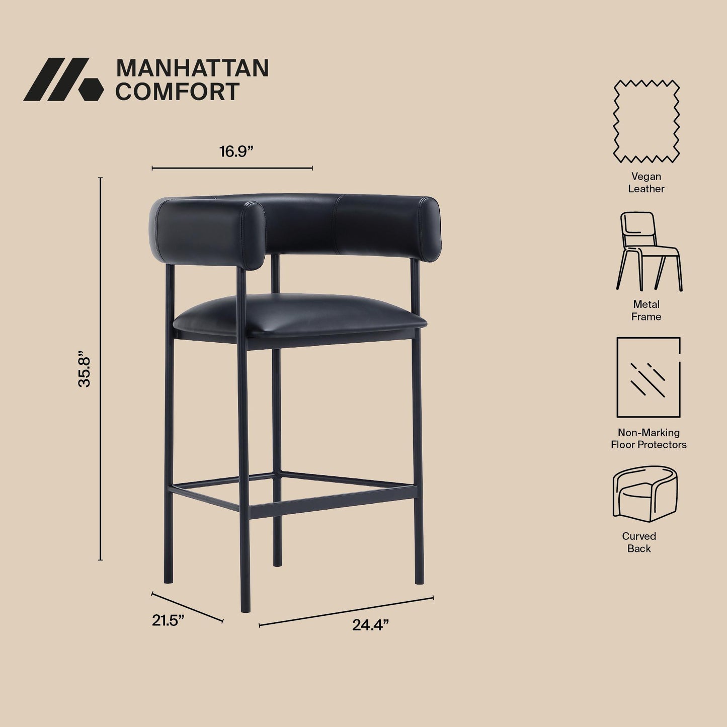 Onda Contemporary Metal Vegan Leather Counter Stool in Black CS1637-3