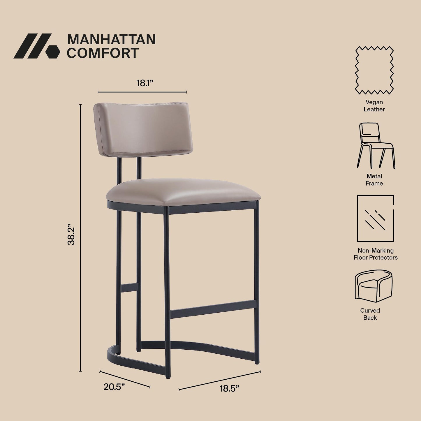 Juno Contemporary Modern Metal Vegan Leather Counter Stool in Taupe CS1640-2