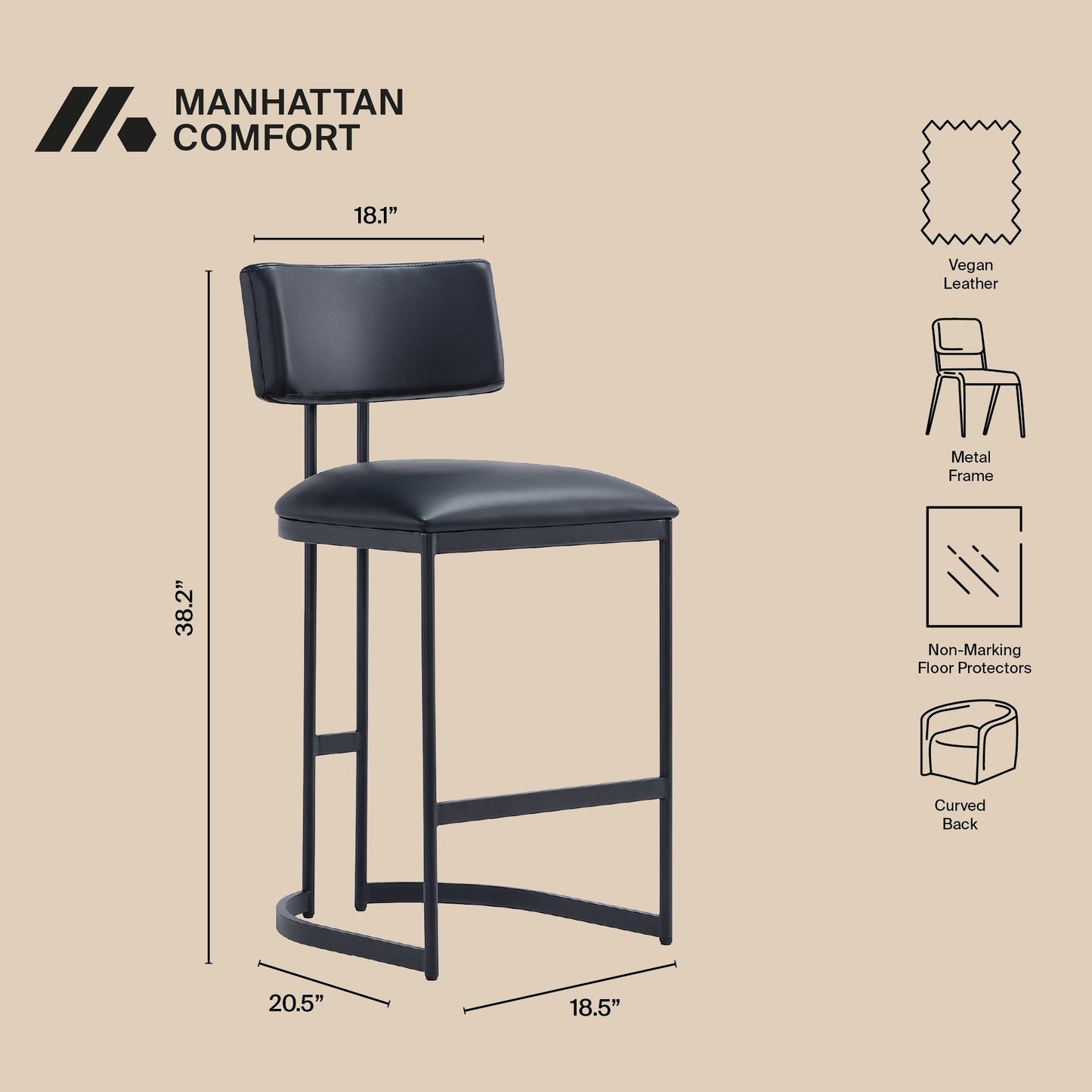 Juno Contemporary Modern Metal Vegan Leather Counter Stool in Black CS1640-3