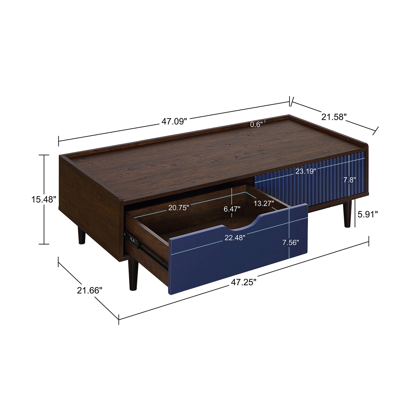 Manhattan Comfort Duane Modern Ribbed Coffee Table with Drawer and Shelf in Dark Brown and Navy Blue CT-11GLF-NB