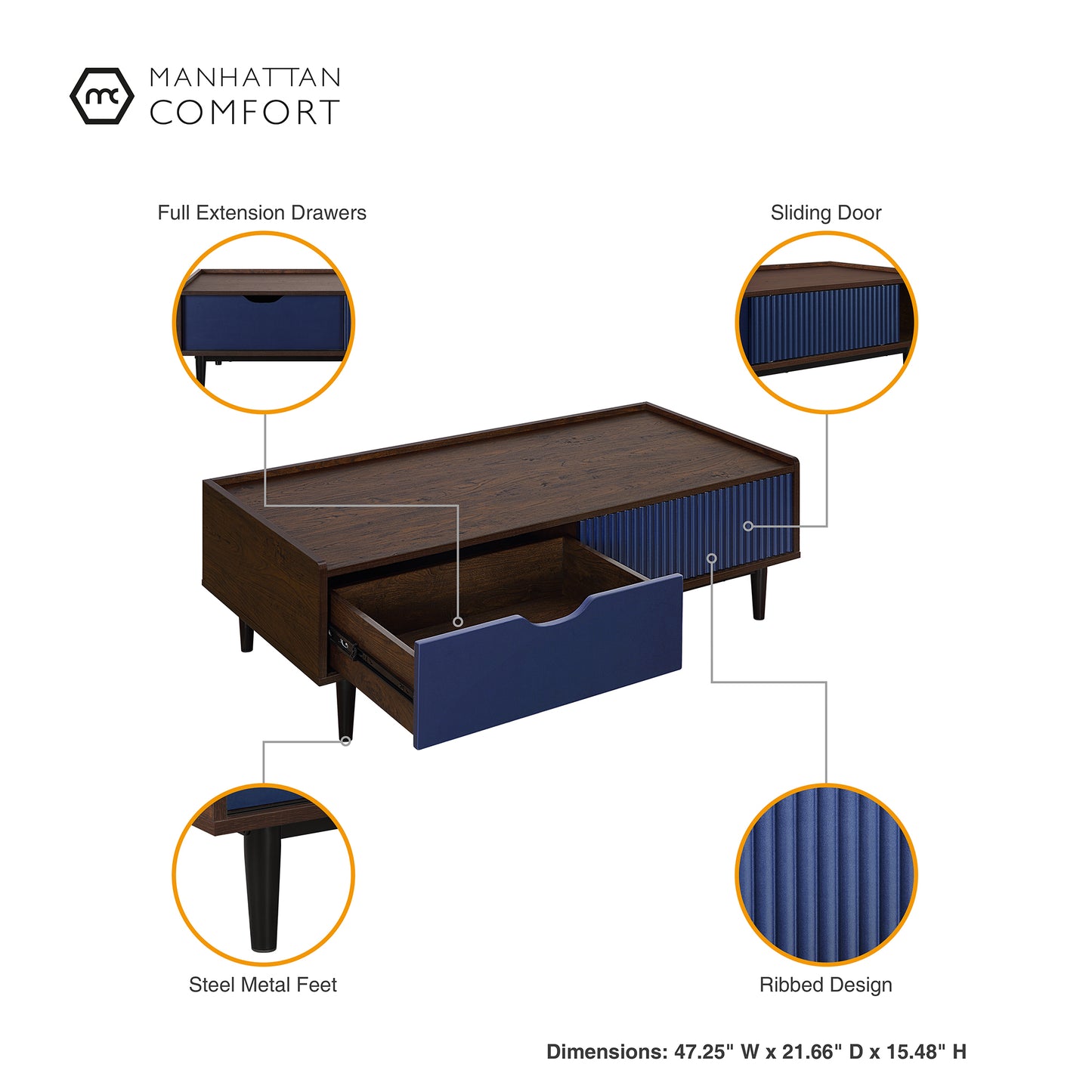 Duane Mid-Century Modern 47" Coffee Table in Navy Blue CT-11GLF-NB