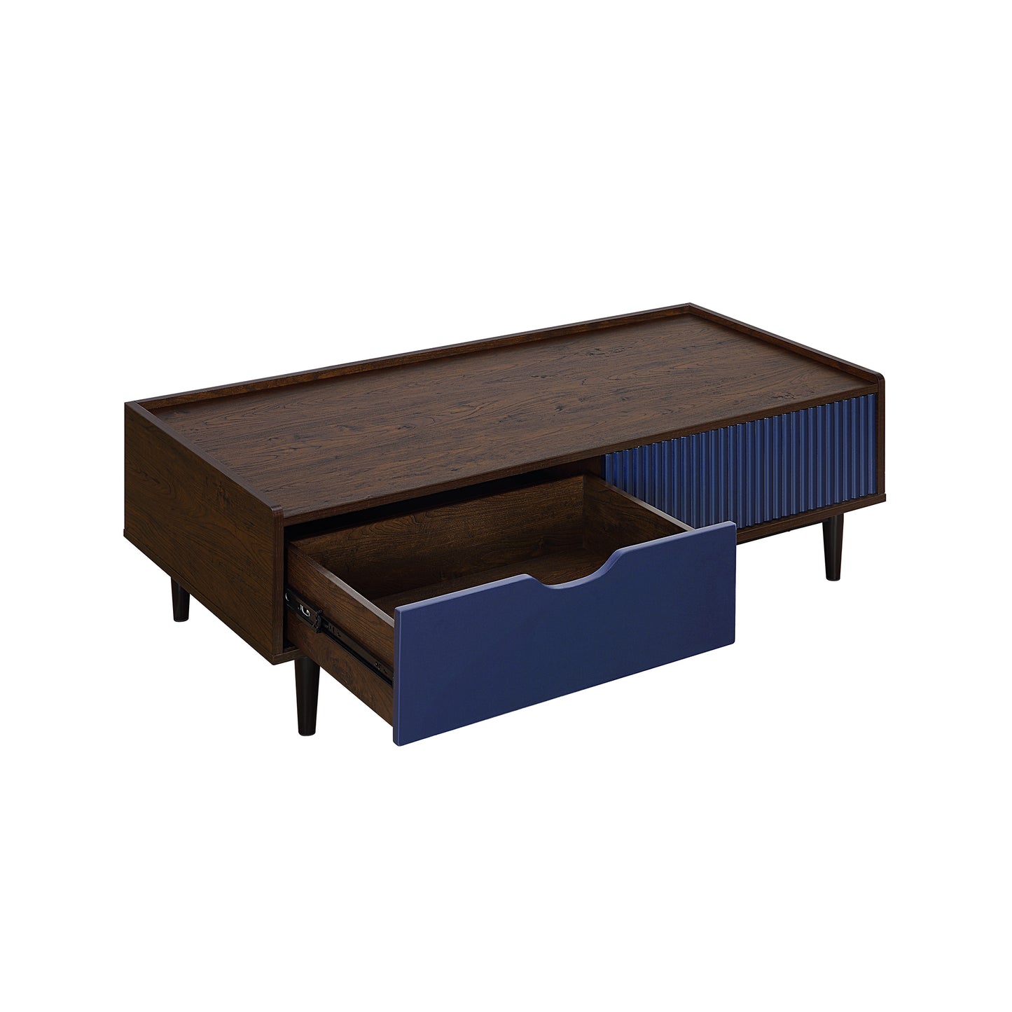 Manhattan Comfort Duane Modern Ribbed Coffee Table with Drawer and Shelf in Dark Brown and Navy Blue CT-11GLF-NB