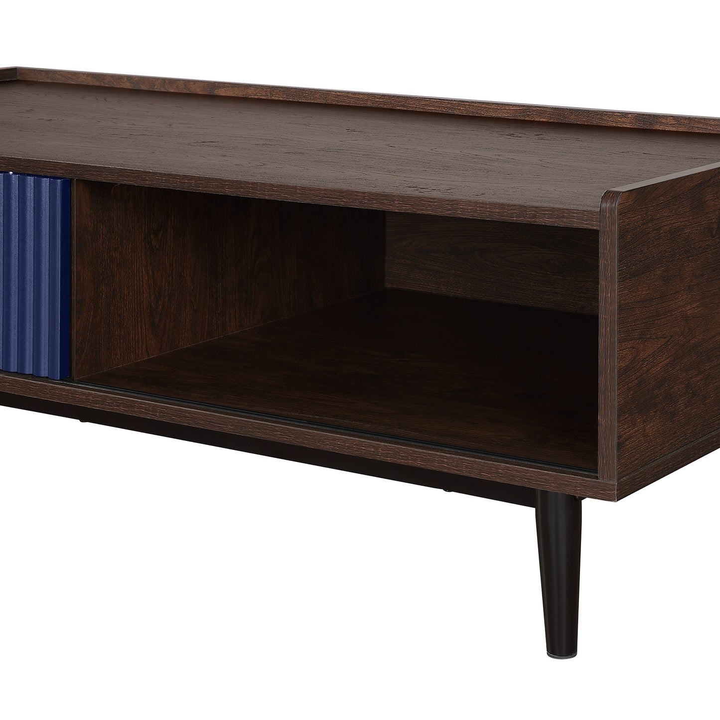 Manhattan Comfort Duane Modern Ribbed Coffee Table with Drawer and Shelf in Dark Brown and Navy Blue CT-11GLF-NB