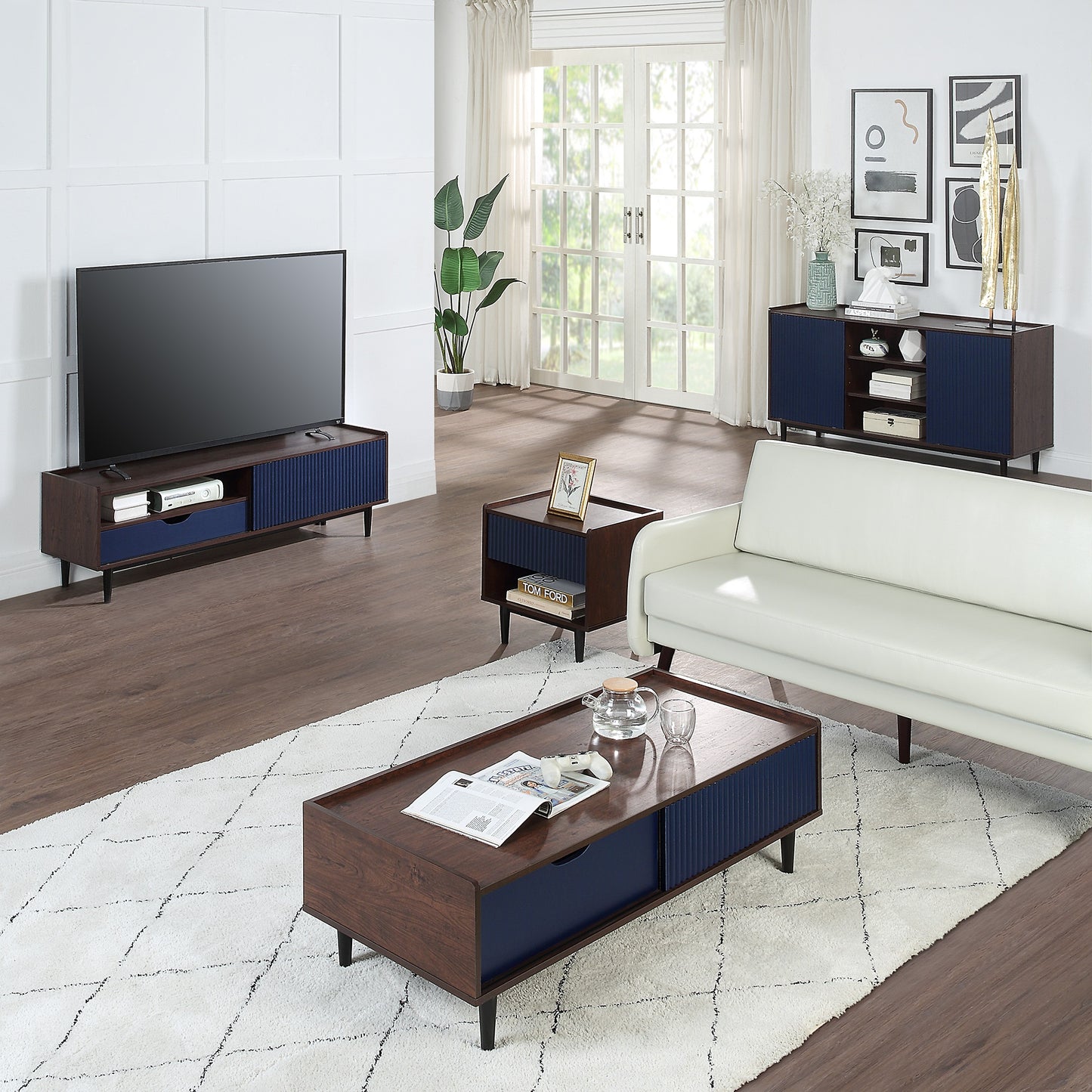 Manhattan Comfort Duane Modern Ribbed Coffee Table with Drawer and Shelf in Dark Brown and Navy Blue CT-11GLF-NB