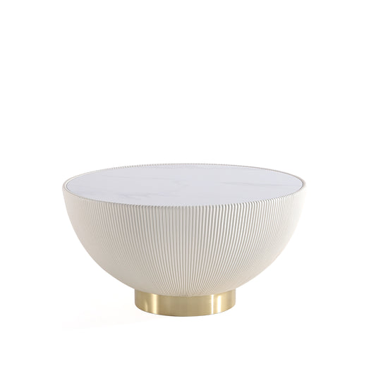 Manhattan Comfort Modern Anderson Coffee Table Upholstered in Cream Leatherette with Ceramic Faux Marble Tabletop CT012-CR