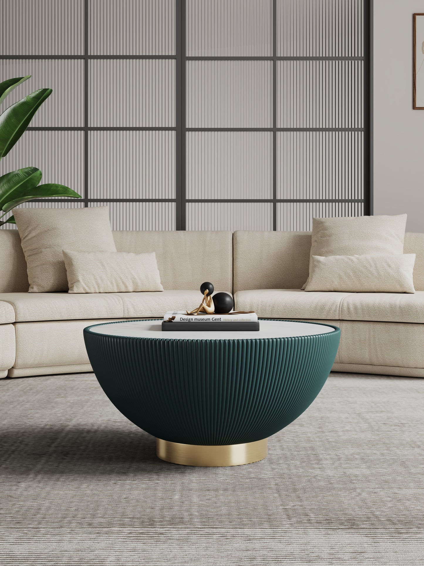 Manhattan Comfort Modern Anderson Coffee Table Upholstered in Green Leatherette with Ceramic Faux Marble Tabletop CT012-GR