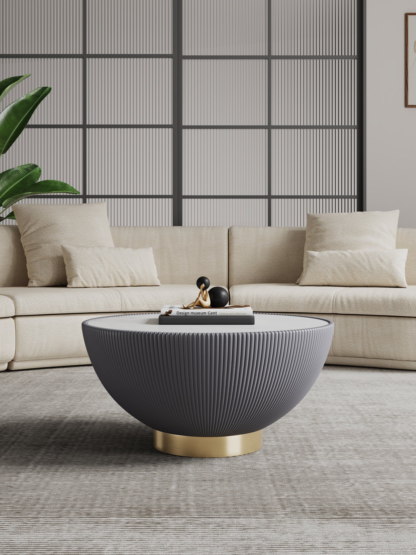 Manhattan Comfort Modern Anderson Coffee Table Upholstered in Grey Leatherette with Ceramic Faux Marble Tabletop CT012-GY