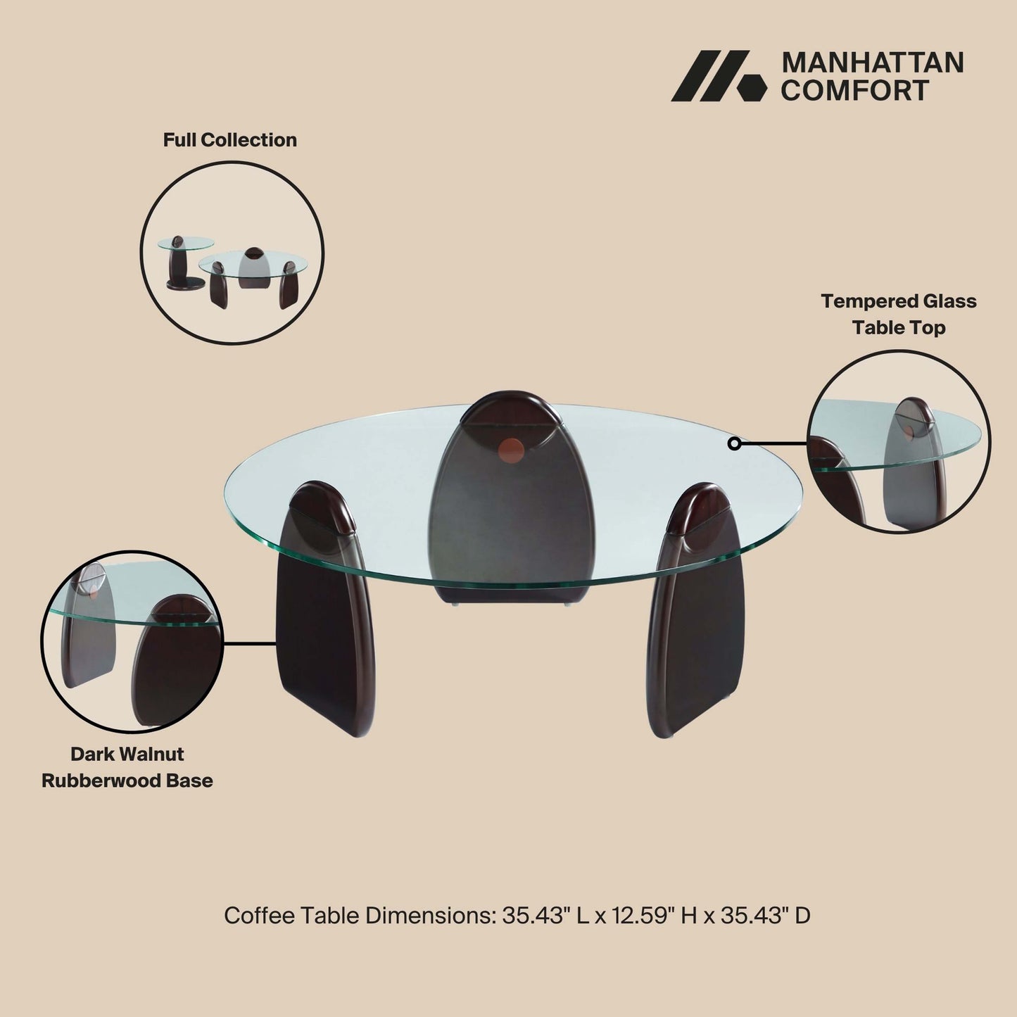 Artesia Modern Glam Glass Top Wood Coffee Table in Walnut CT015