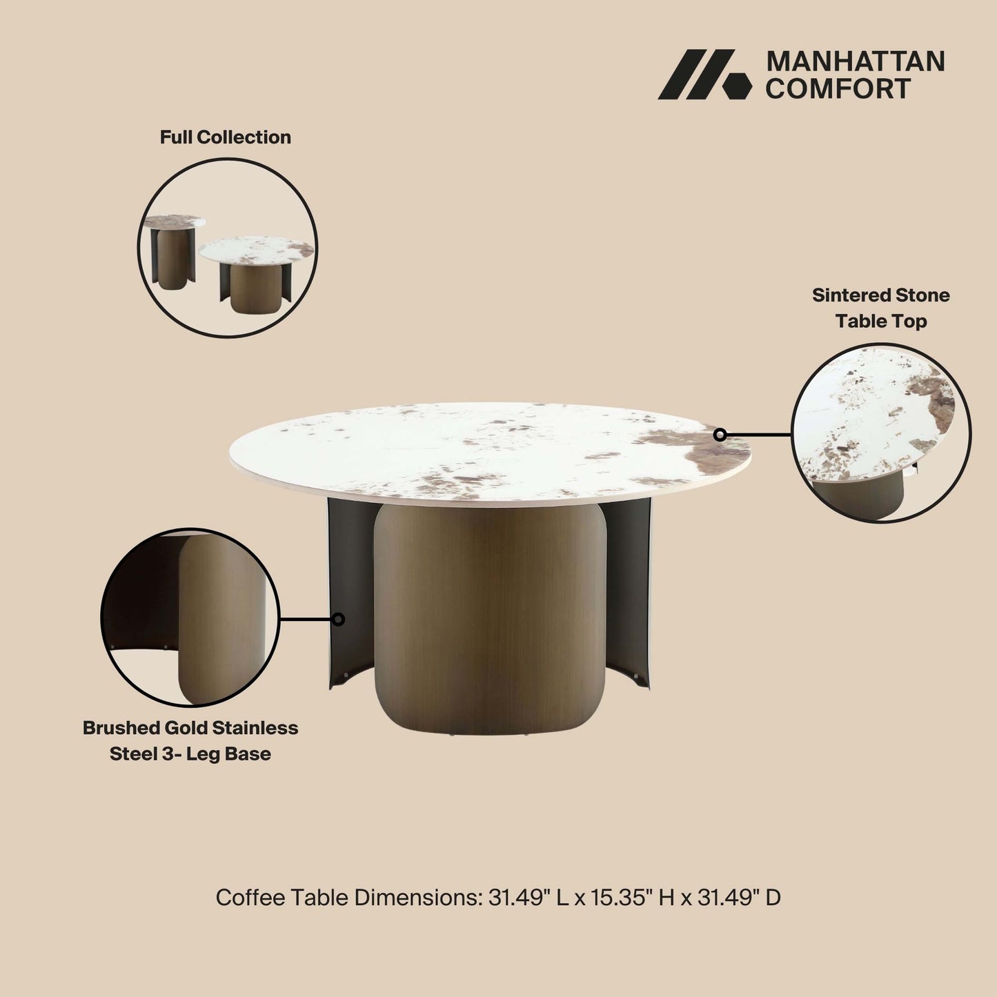 Monica Modern Glam Sintered Stone Top Coffee Table in Bronze CT016