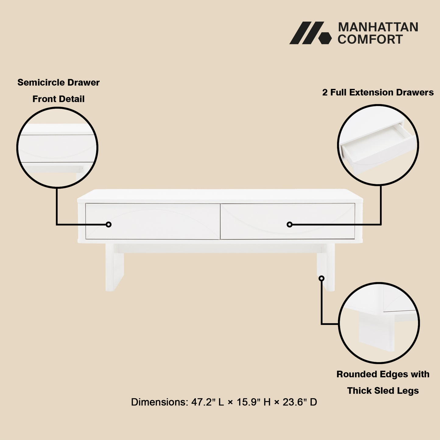 Ella Modern 47" Coffee Table in White CT020-WH