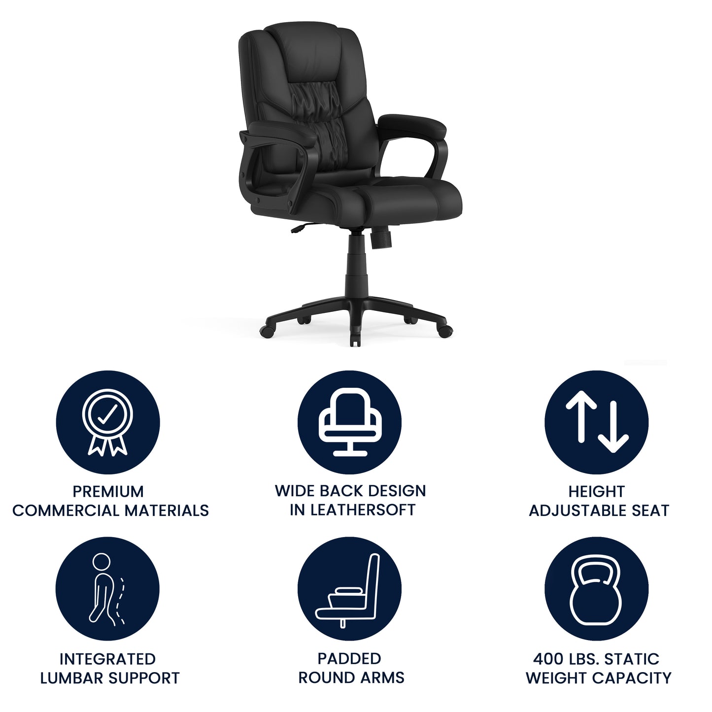 Flash Fundamentals Big & Tall 400 lb. Rated Black LeatherSoft Swivel Office Chair with Padded Arms Black