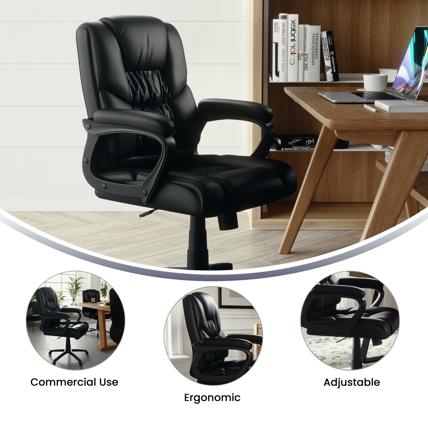 Flash Fundamentals Big & Tall 400 lb. Rated Black LeatherSoft Swivel Office Chair with Padded Arms Black