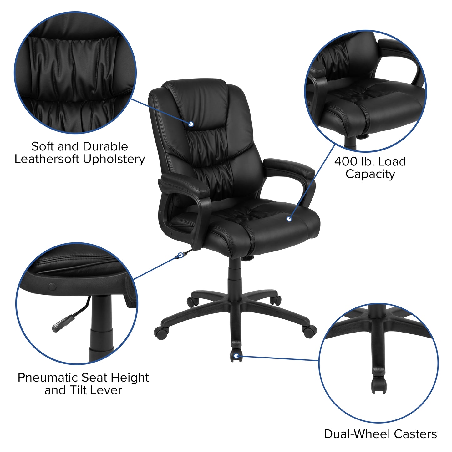 Flash Fundamentals Big & Tall 400 lb. Rated Black LeatherSoft Swivel Office Chair with Padded Arms Black