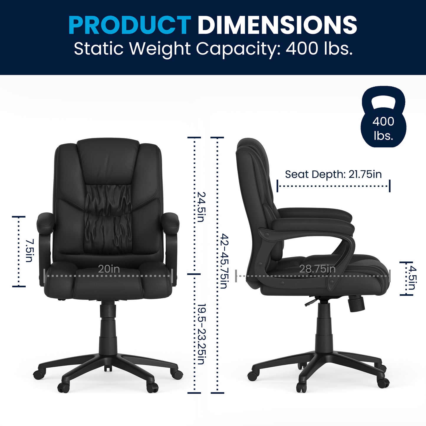 Flash Fundamentals Big & Tall 400 lb. Rated Black LeatherSoft Swivel Office Chair with Padded Arms Black