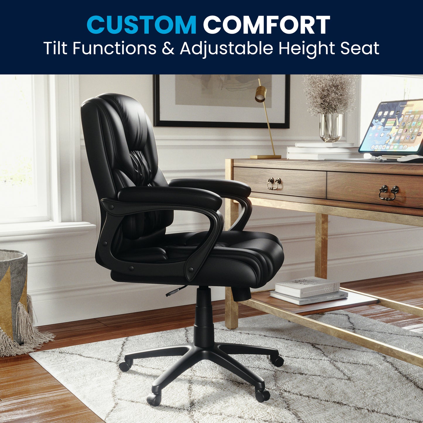 Flash Fundamentals Big & Tall 400 lb. Rated Black LeatherSoft Swivel Office Chair with Padded Arms Black