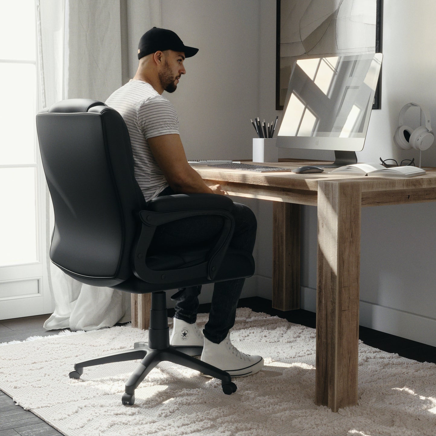 Flash Fundamentals Big & Tall 400 lb. Rated Black LeatherSoft Swivel Office Chair with Padded Arms Black