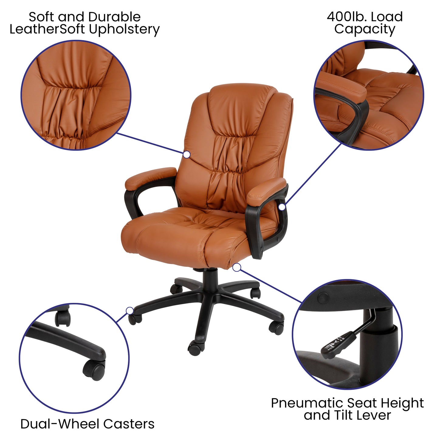 Flash Fundamentals Big & Tall 400 lb. Rated Brown LeatherSoft Swivel Office Chair with Padded Arms Brown